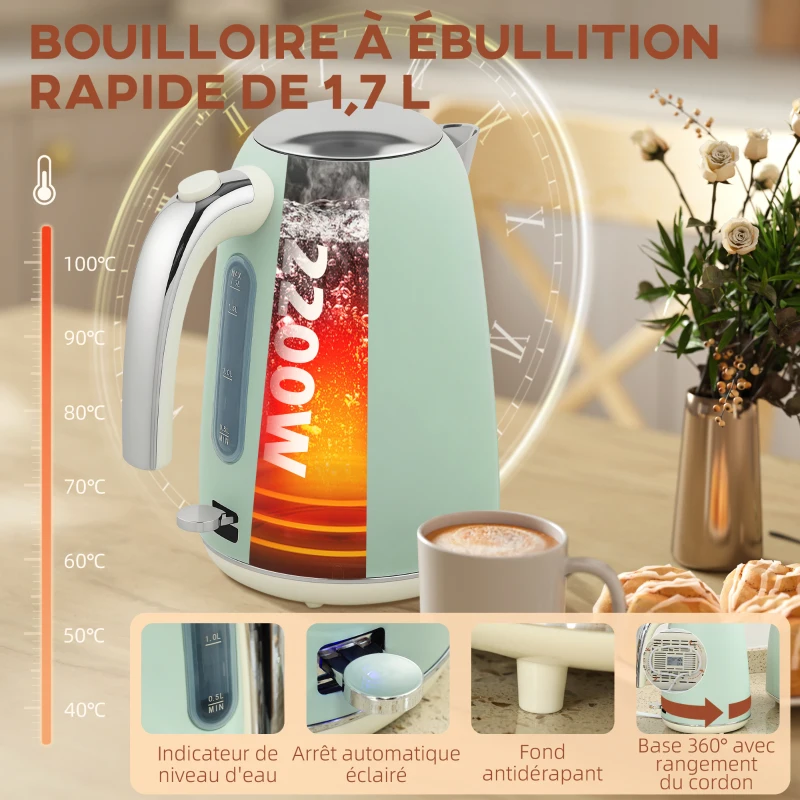 HOMCOM Ensemble bouilloire et grille-pain, bouilloire en acier inoxydable 1,7 L et 2200 W et grille-pain à 2 tranches, vert