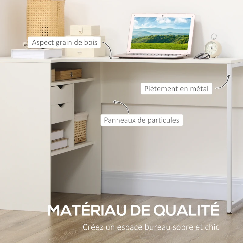HOMCOM Bureau d'angle, bureau informatique avec 2 tiroirs et 3 compartiments ouverts, 120 x 60 x 74 cm, blanc