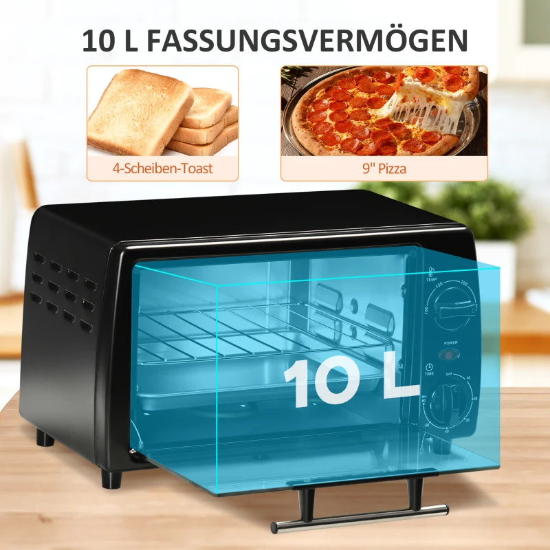 HOMCOM Mini-Ofen Toasterofen, 1 Backblech, 1 Grilrost, 10 L Kapazität, Timer-Funktion, 36.5 cm x 26 cm x 22 cm, Schwarz(m-4)