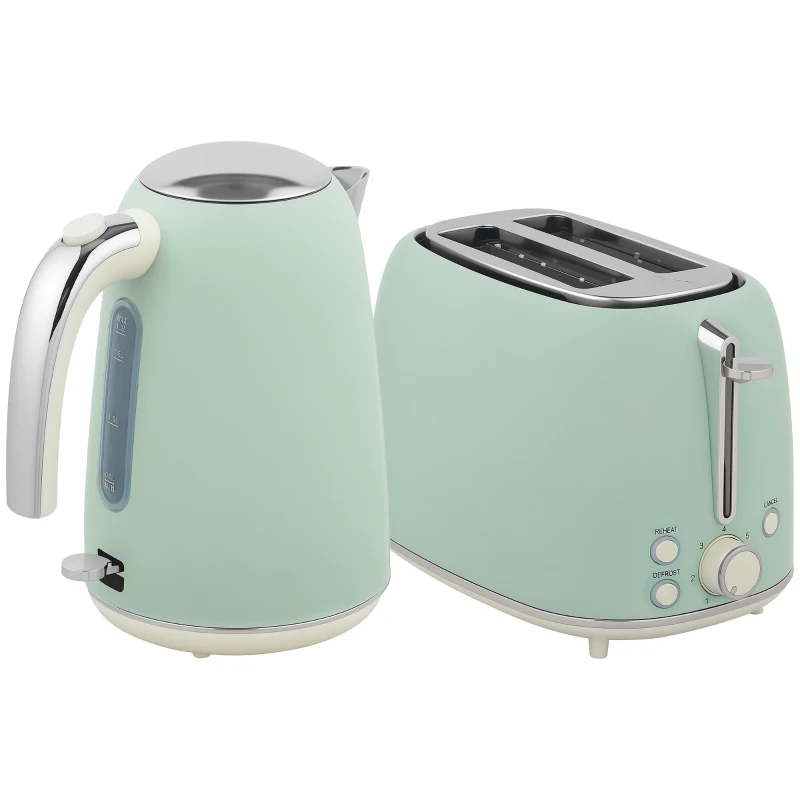 HOMCOM Set de hervidora y tostadora, hervidora de acero inoxidable 1,7 L y 2200 W y tostadora de 2 rebanadas, verde