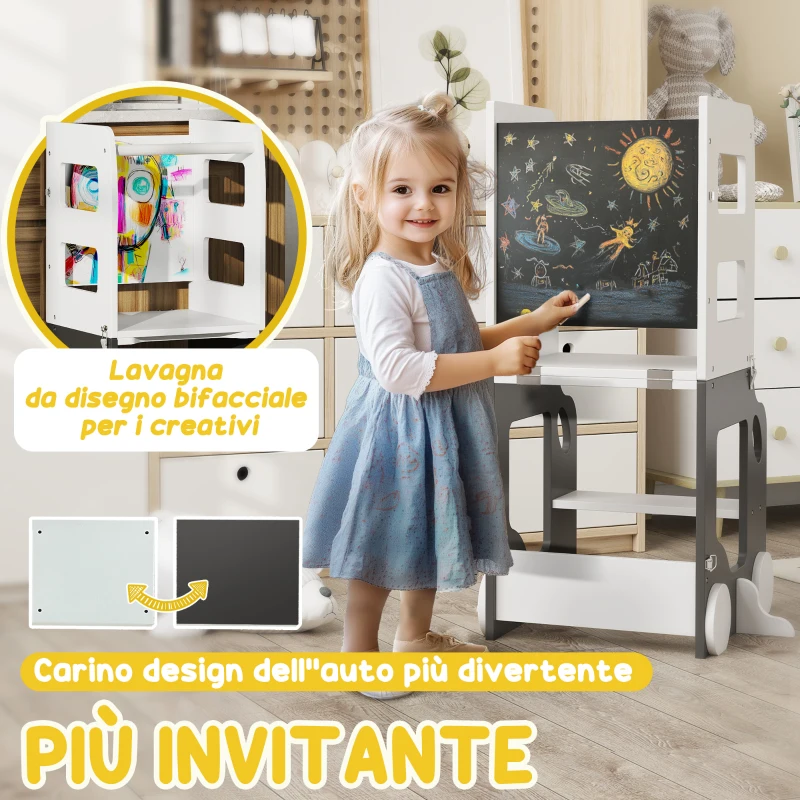AIYAPLAY Scala Montessori 4 in 1 per Bambini con 2 Lavagne e Set Tavolo e Sedia, in Legno, 58x46x92 cm, Bianco