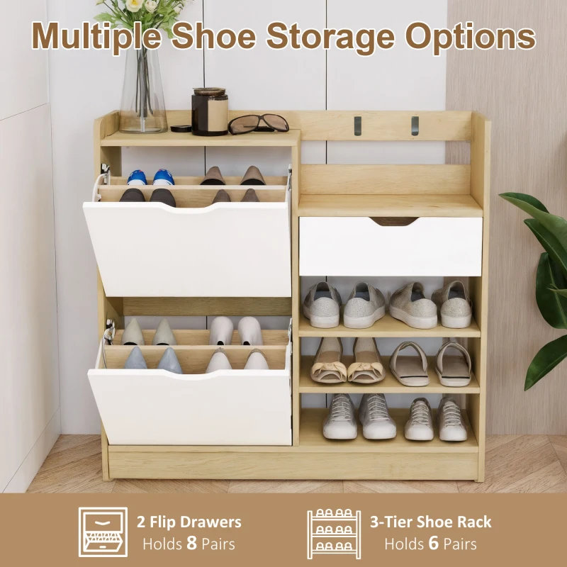 HOMCOM Schoenenrek voor hal, schoenenkast met klapladen, open planken, 4 haken, voor tot 14 paar schoenen, Wit(m-4)