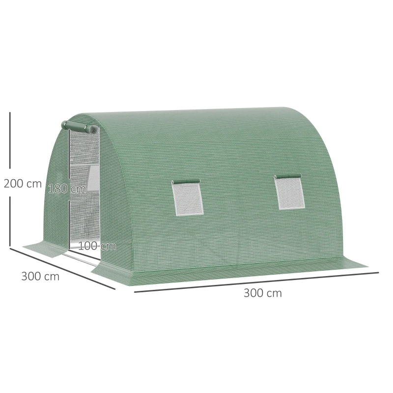 Outsunny Invernadero de Túnel 3x3x2 m con Puerta Enrollable 4 Ventanas de Malla y Estructura de Acero Galvanizado Verde