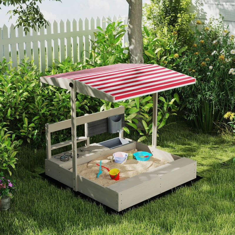 Outsunny Caixa de Areia de Madeira para Crianças com Teto Ajustável  Acessórios de Cozinha e Banco  114x110x110 cm Madeira