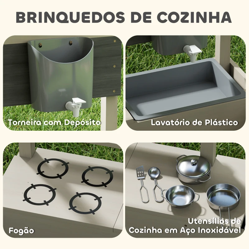 Outsunny Caixa de Areia de Madeira para Crianças com Teto Ajustável  Acessórios de Cozinha e Banco  114x110x110 cm Madeira