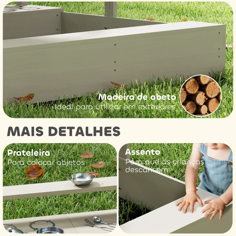 Outsunny Caixa de Areia de Madeira para Crianças com Teto Ajustável  Acessórios de Cozinha e Banco  114x110x110 cm Madeira