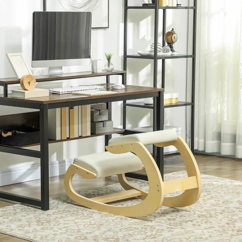 HOMCOM Kniesessel met Schommelbeweging, van linnenstof en berkenhout, 55x85x55 cm, Crème