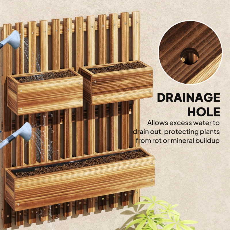Outsunny Wall-mounted Wooden Garden Planters with Trellis, Drainage Holes and 3 Planter Boxes for Patio, Carbonised