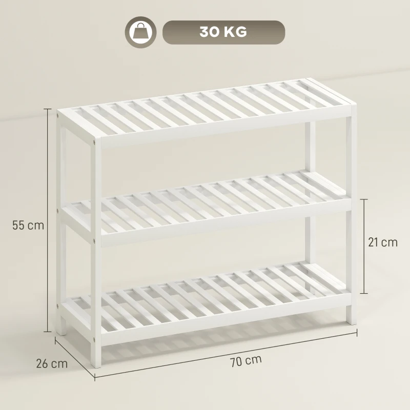 HOMCOM Étagère à chaussures en bambou à 3 niveaux, étagère de rangement, finition laquée, blanc