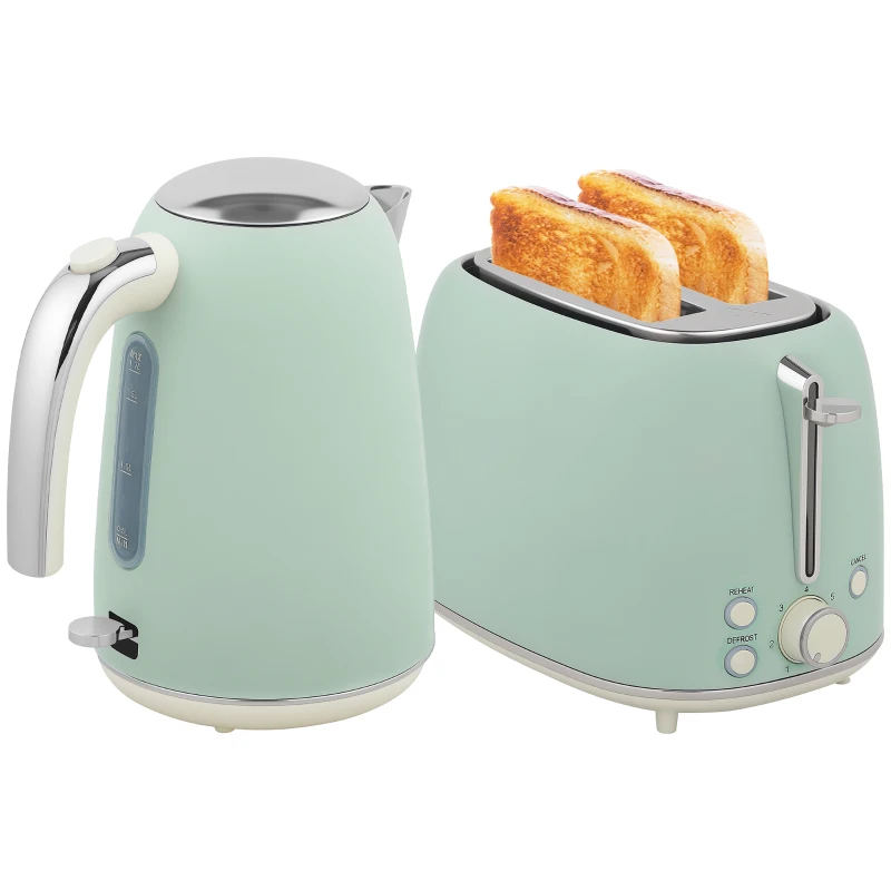 HOMCOM Set bollitore in acciaio inox da 1,7 L e Tostapane a 2 fette, Verde