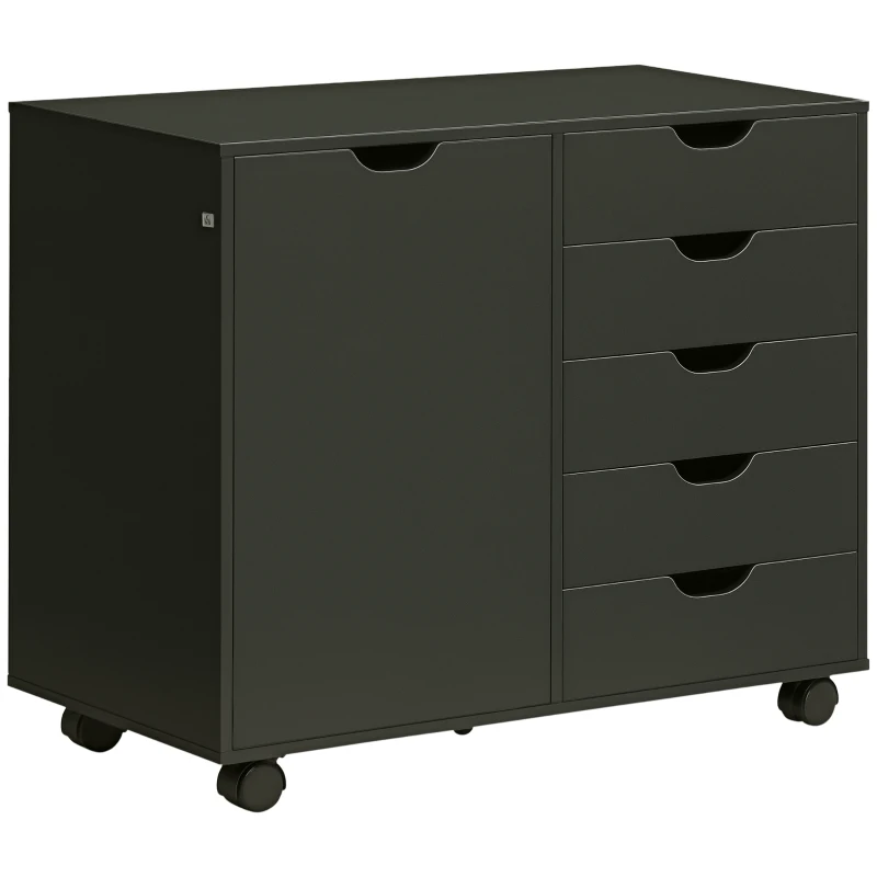 HOMCOM Bürowagen mit 5 Schubladen 1 Tür verstellbarem Regal, Druckerstand auf Rollen, 78x40x66,5 cm, Schwarz