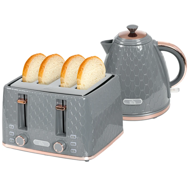 HOMCOM Ensemble de Cuisine 2-en-1, Grille-Pain et Bouilloire, Plusieurs Options, 1,7 L, 4 Tranches de Pain Simultanément, Plastique, Gris