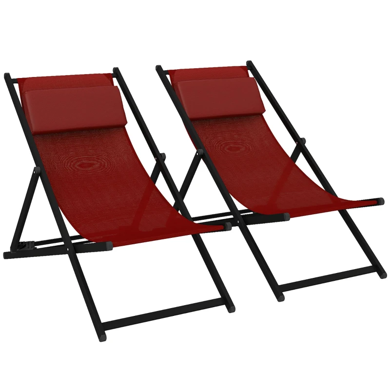 Outsunny Conjunto de 2 Tumbonas Plegables con Respaldo Regulable y Reposacabezas Acolchado 58x96,5x91,5 cm Rojo Vino