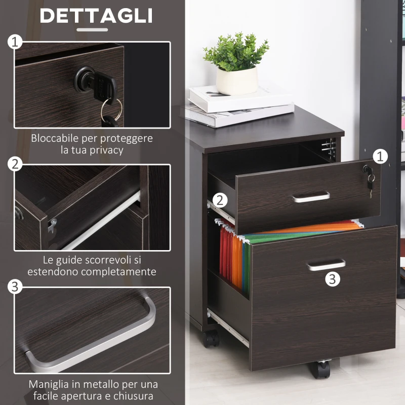 Vinsetto Schedario da Ufficio Cassettiera Per Scrivania in Legno, 2 Cassetti, Serratura con 2 Chiavi, Nero, 40x45x55.6cm