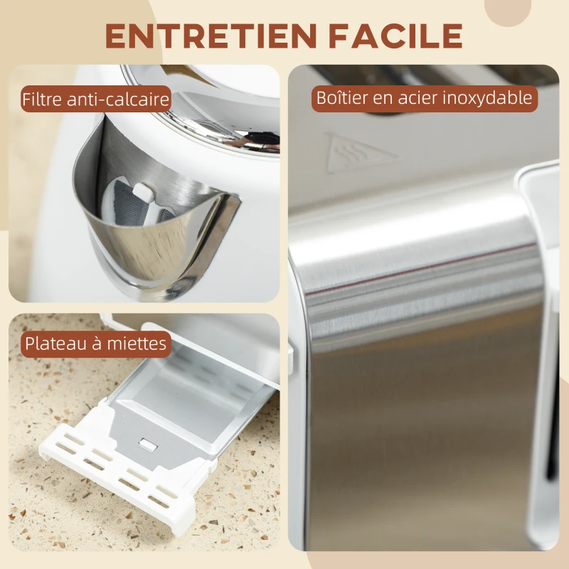 HOMCOM Ensemble bouilloire et grille-pain, bouilloire en acier inoxydable 1,7 L et 2200 W et grille-pain à 4 tranches, blanc