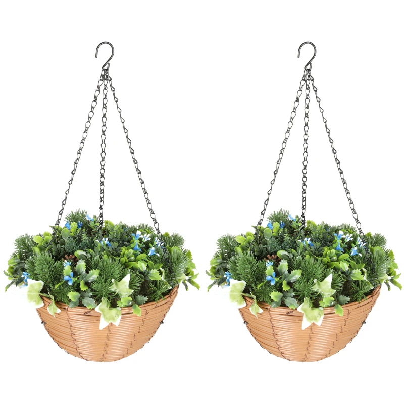 HOMCOM Pack of 2 Faux Plant Artificial Lisianthus Flowers, Hanging Planters with Basket, PE Leaves, 18 Flowers and 3 Pinecones, Decorative Faux Plants for Home Office Decor, Green