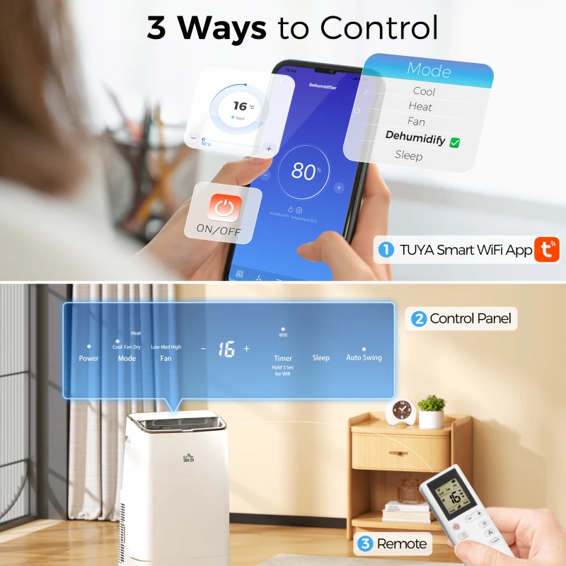 HOMCOM 14000 BTU Mobile Air Conditioner, 35m², Smart Home WiFi, with Dehumidifier, Fan, 24H Timer, Window Kit, White