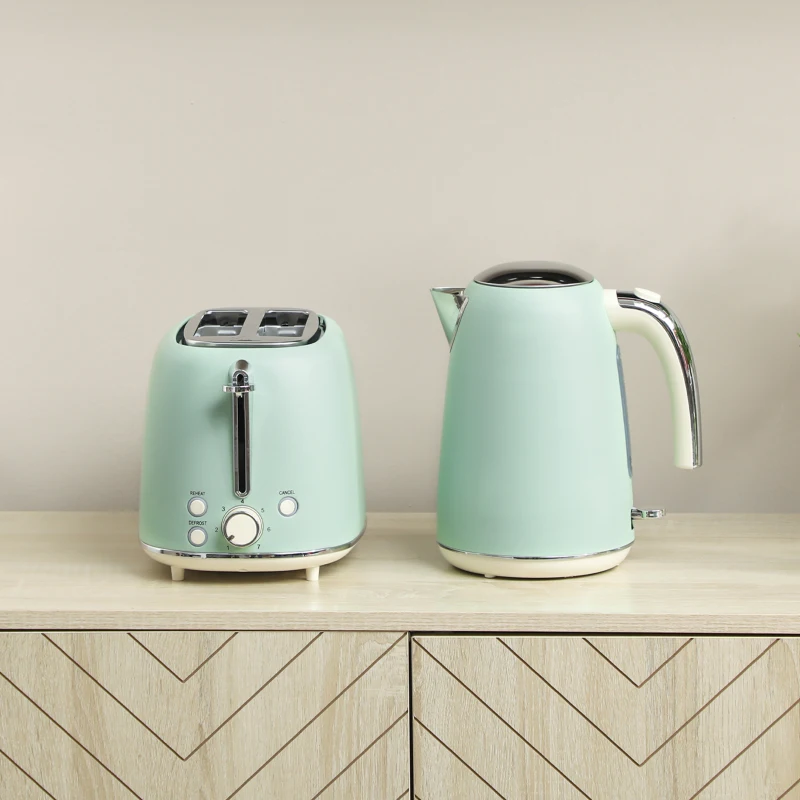 HOMCOM Set Wasserkocher und Toaster, Edelstahl-Wasserkocher 1,7 L und 2200 W und 2-Scheiben Toaster, grün