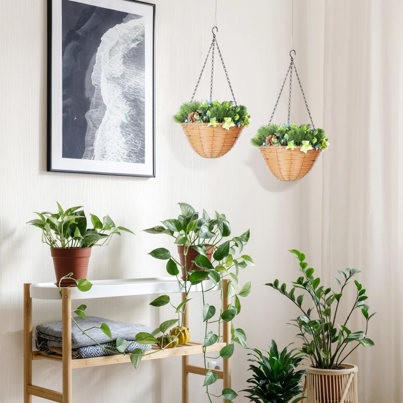 HOMCOM Pack of 2 Faux Plant Artificial Lisianthus Flowers, Hanging Planters with Basket, PE Leaves, 18 Flowers and 3 Pinecones, Decorative Faux Plants for Home Office Decor, Green