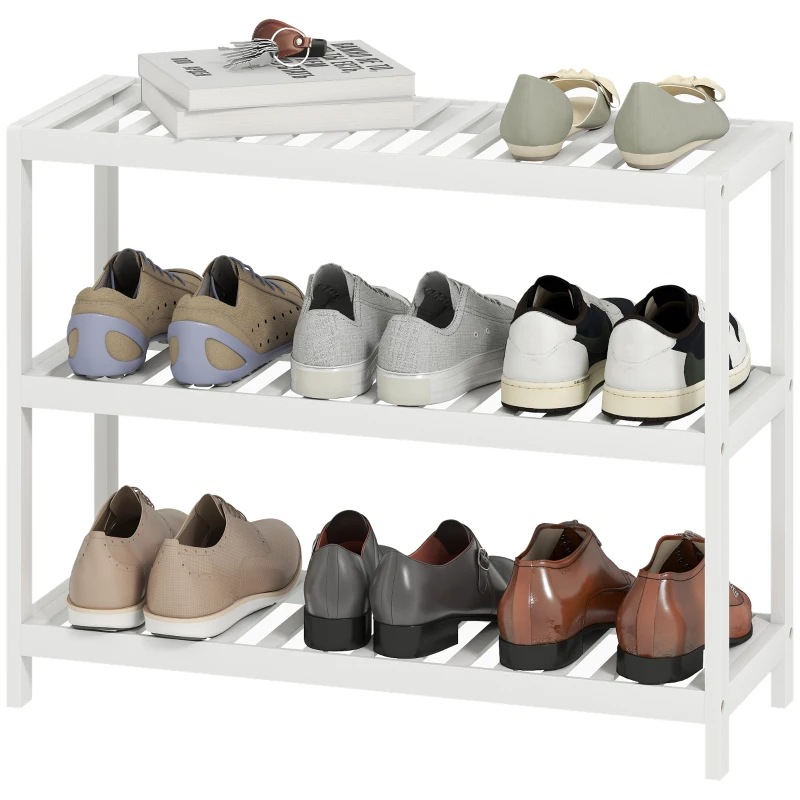HOMCOM Étagère à chaussures en bambou à 3 niveaux, étagère de rangement, finition laquée, blanc