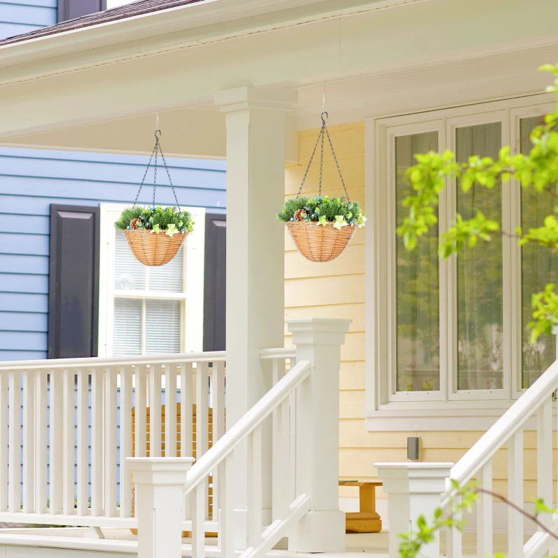 HOMCOM Pack of 2 Faux Plant Artificial Lisianthus Flowers, Hanging Planters with Basket, PE Leaves, 18 Flowers and 3 Pinecones, Decorative Faux Plants for Home Office Decor, Green