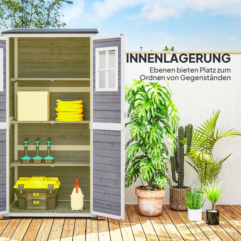 Outsunny Gartenlagerschuppen, Werkzeugschuppen mit 2 Fenstern, Bodenpfähle, Asphalt-Dach, 91 x 69 x 192 cm, Tannenholz, Hellgrau(m-4)