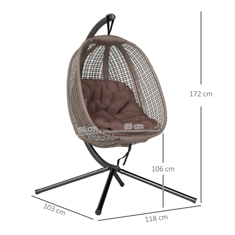 Outsunny Sillón Colgante con Efecto Imitación Ratán Soporte de Acero Cesta Plegable Bolsa de Taza y Cojines Carga 120 kg Café