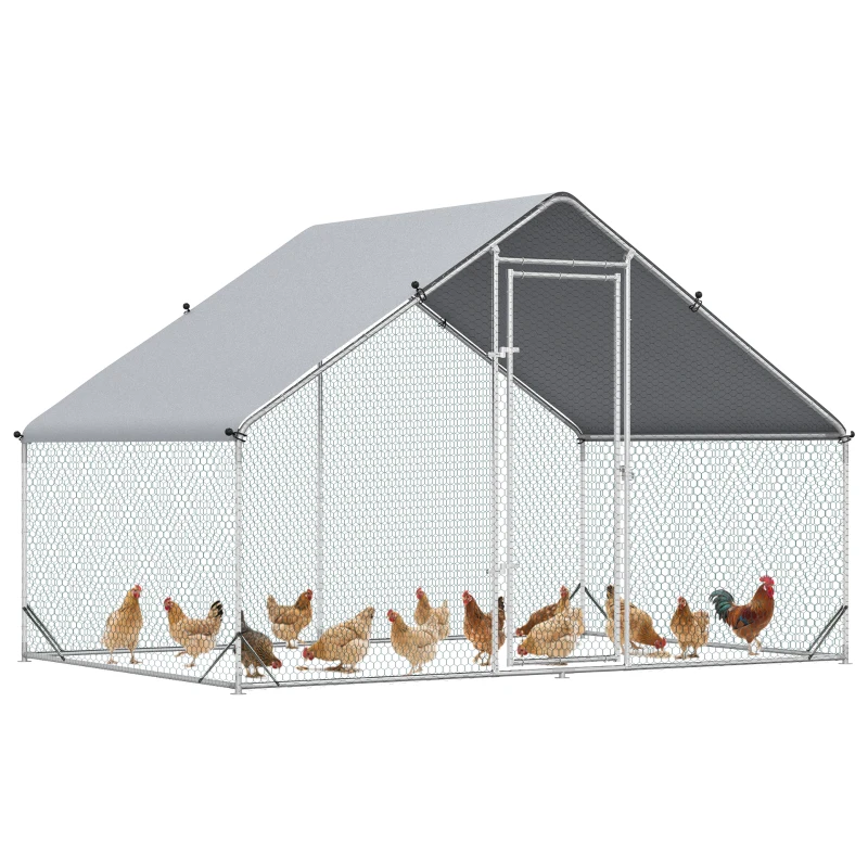 PawHut Enclos poulailler chenil volière extérieur 6 m² - Parc grillagé dim. 3L x 2l x 2H m - Espace Couvert - Acier galvanisé