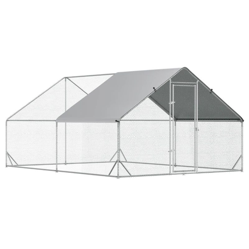 PawHut Galinheiro de Exterior Grande 3x4x2m Gaiola para 8-12 Galinhas de Aço Galvanizado com Teto de PE e Fechadura para Coelhos Prata