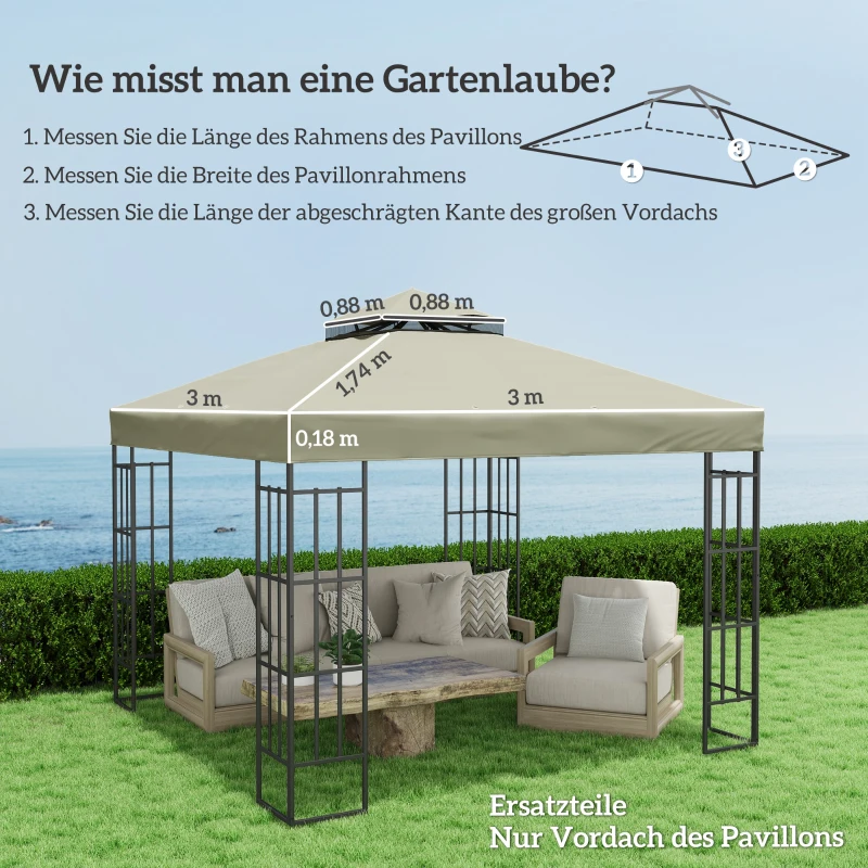 Outsunny 3 x 3 m Ersatzdach für Pavillon, Pavillon-Ersatzplane mit Wasserablauf-Löchern, UPF30+, Sonnenschutz, Hellgrau