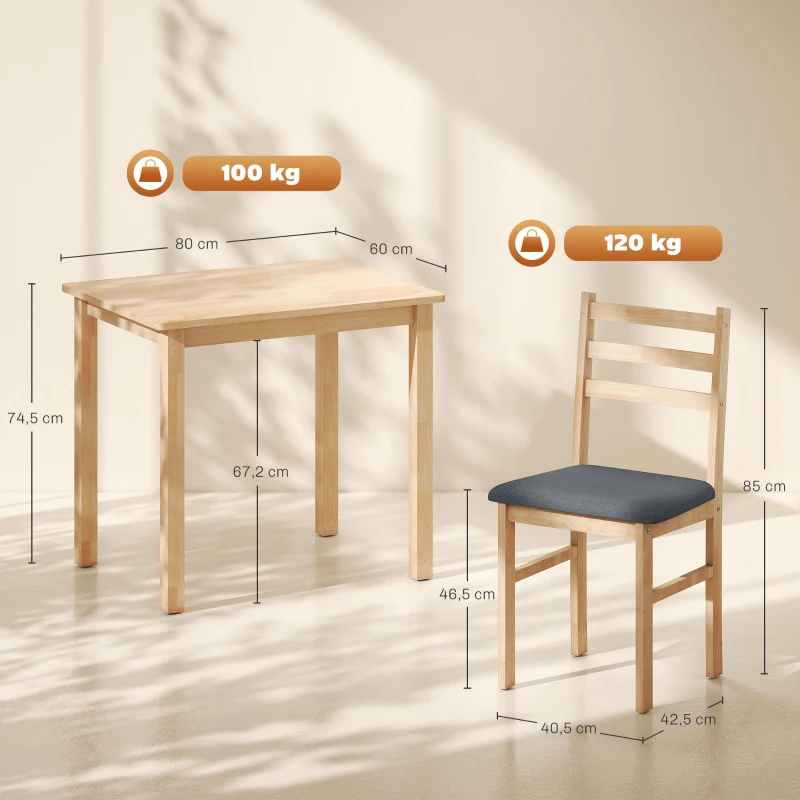 HOMCOM 3-delige Eettafelset met 2 Stoelen, Keukentafel voor Compacte Ruimtes, Gevoerde Stoelen, Ruimtebesparend, MDF, Natuurlijk Hout(m-3)