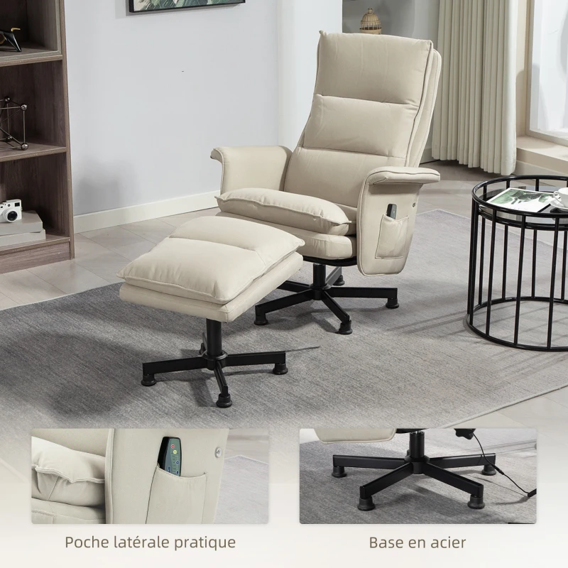 HOMCOM Fauteuil massant électrique relaxant avec repose-pieds et télécommande tissu imitation lin 78 x 93 x 99 cm beige