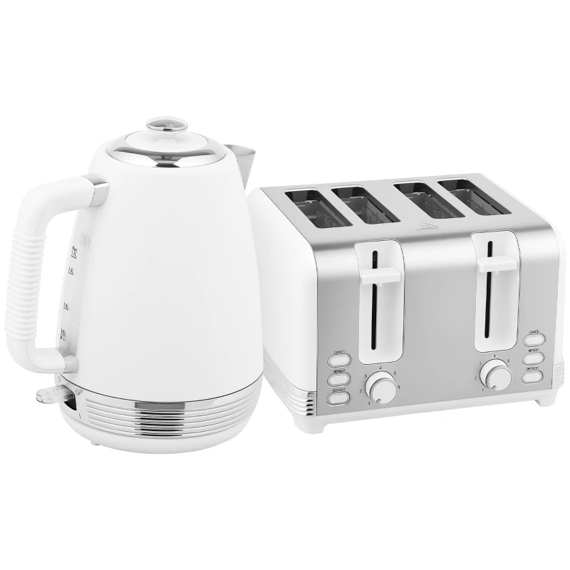 HOMCOM Set hervidor y tostadora, hervidor de acero inoxidable 1.7 L y 2200 W y tostadora de 4 rebanadas, blanco