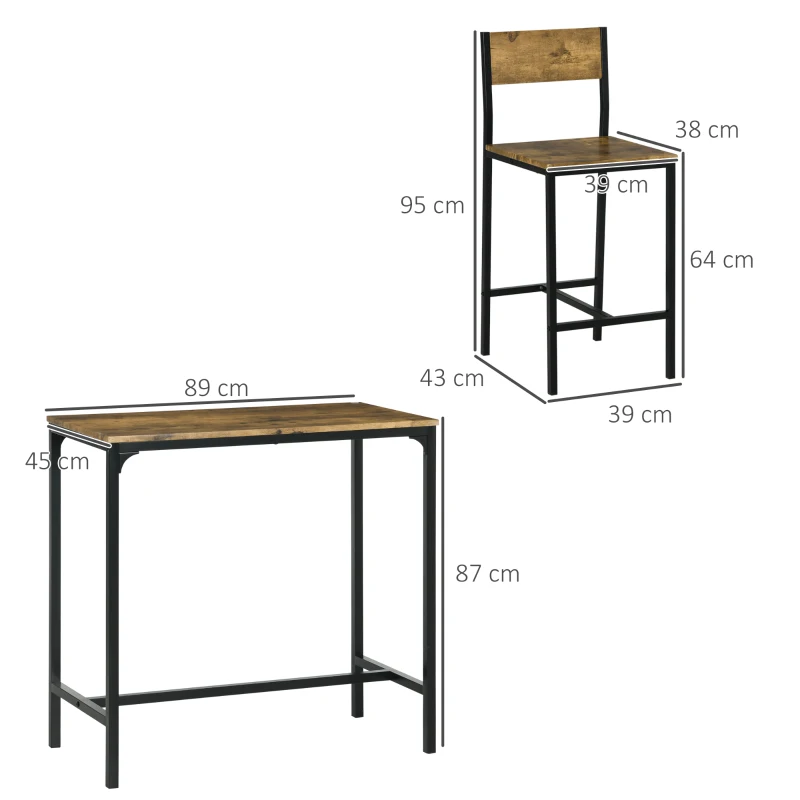 HOMCOM 3-teiliges Bar-Set, Stehtisch, 2 Stühle, MDF, Metallrahmen, wasserfest, Braun