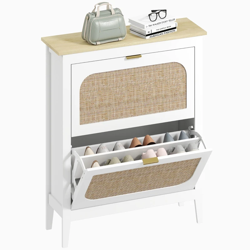 HOMCOM Schmaler Schuhschrank mit 2 Rattan-Türen Verstellbare Regale für 14 Paare Schuhe 80x24x95,5 cm Weiß