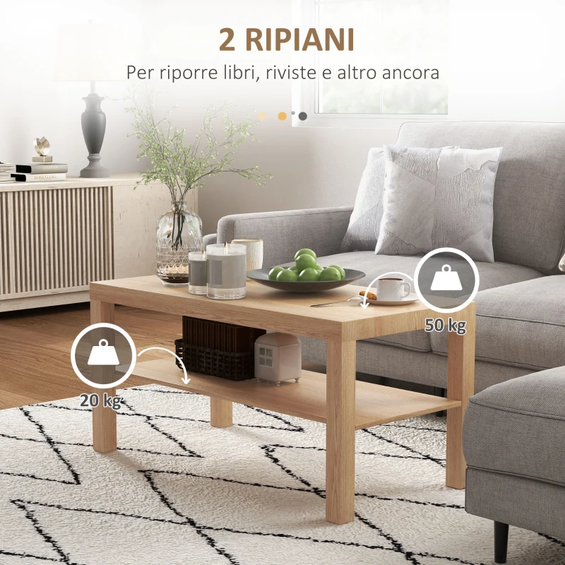 HOMCOM Tavolino da Salotto Rettangolare con Ampio Ripiano, 90×45×44.5 cm, Legno Naturale