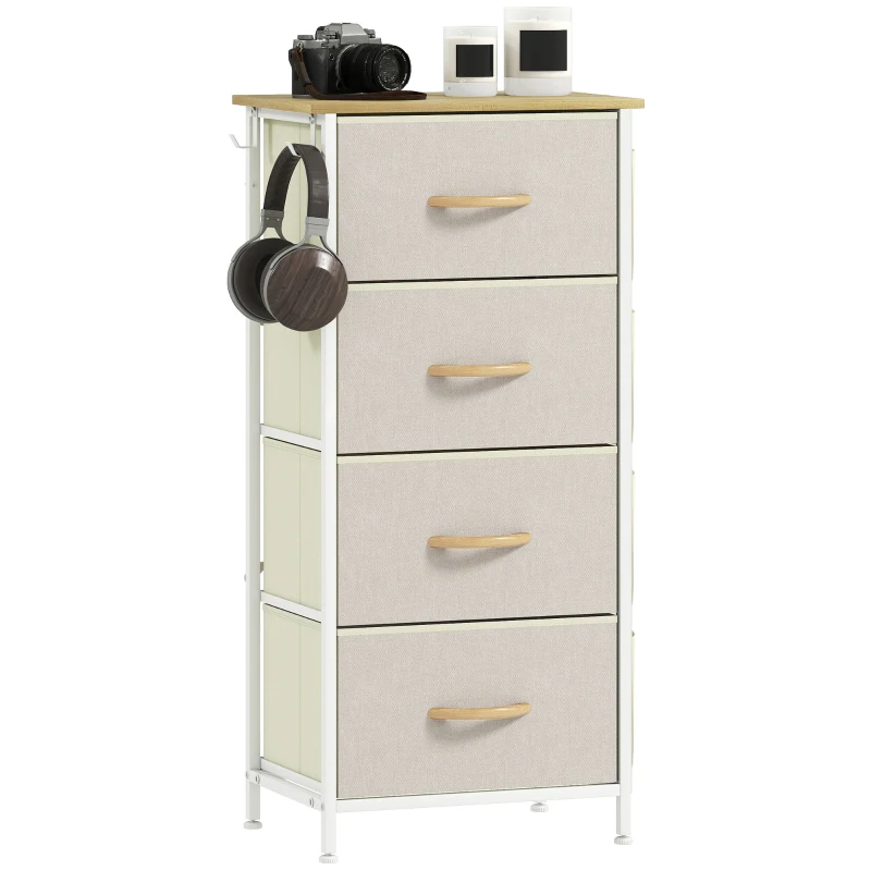 HOMCOM Commode 4 tiroirs en tissu, meuble de rangement avec 4 poches, 2 crochets, structure en acier, 45 x 30 x 94,5 cm, beige