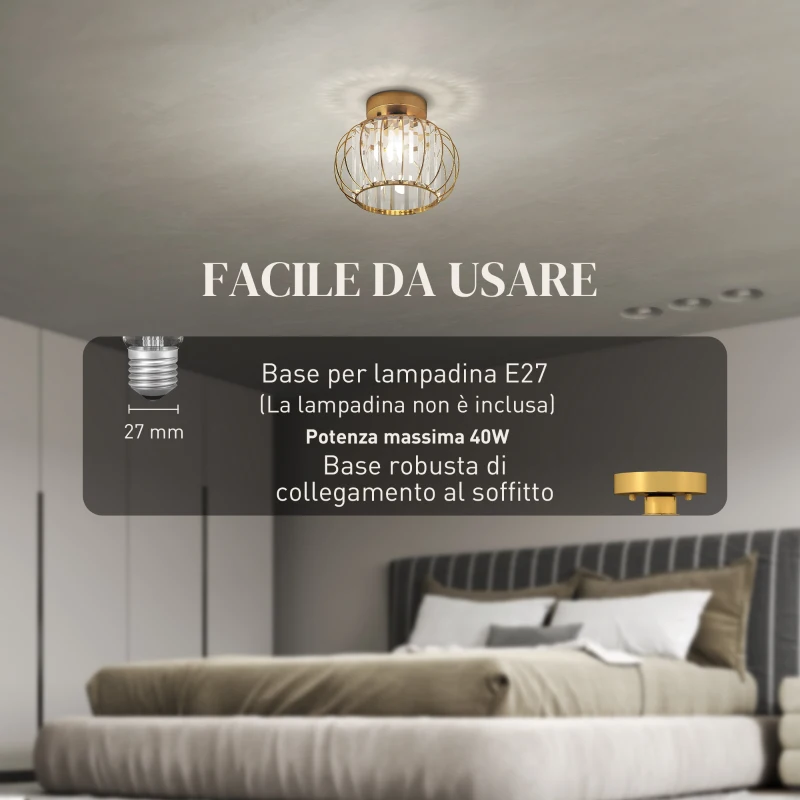 HOMCOM Plafoniera LED Moderna e Minimal a Gabbia con 18 Cristalli, in Metallo Oro, Ø27x19 cm