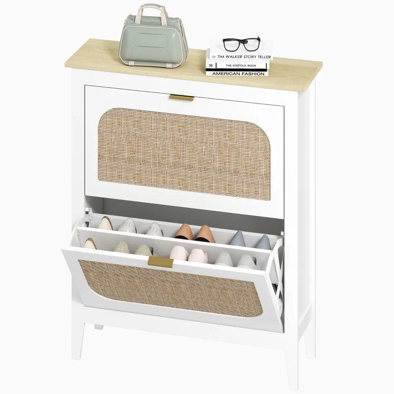 HOMCOM Schmaler Schuhschrank mit 2 Rattan-Türen Verstellbare Regale für 14 Paare Schuhe 80x24x95,5 cm Weiß