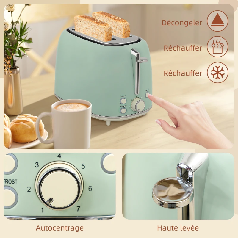 HOMCOM Set Wasserkocher und Toaster, Edelstahl-Wasserkocher 1,7 L und 2200 W und 2-Scheiben Toaster, grün