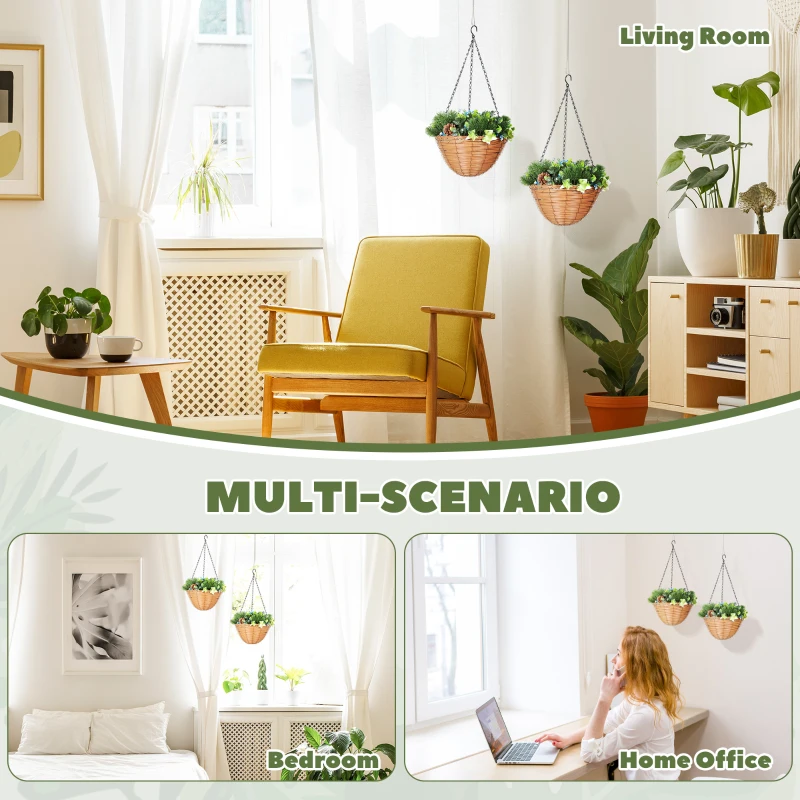 HOMCOM Pack of 2 Faux Plant Artificial Lisianthus Flowers, Hanging Planters with Basket, PE Leaves, 18 Flowers and 3 Pinecones, Decorative Faux Plants for Home Office Decor, Green