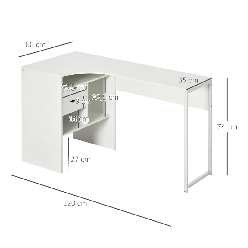 HOMCOM Eckschreibtisch, Computerschreibtisch mit 2 Schubladen und 3 offenen Fächern, 120 x 60 x 74 cm, Weiß