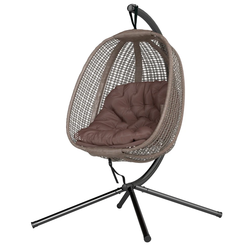 Outsunny Sillón Colgante con Efecto Imitación Ratán Soporte de Acero Cesta Plegable Bolsa de Taza y Cojines Carga 120 kg Café