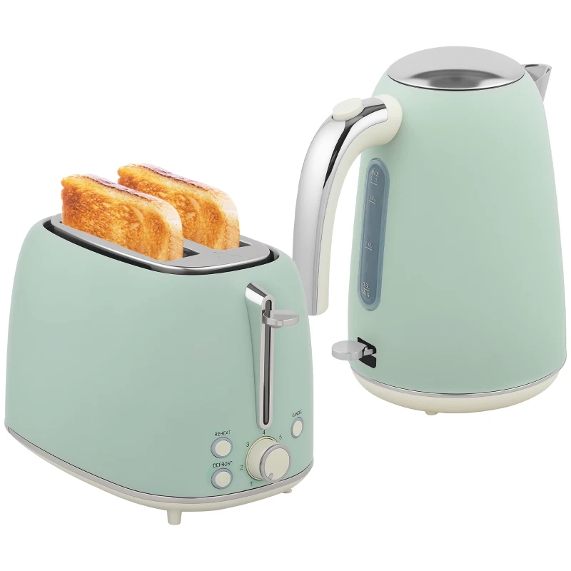 HOMCOM Ensemble bouilloire et grille-pain, bouilloire en acier inoxydable 1,7 L et 2200 W et grille-pain à 2 tranches, vert