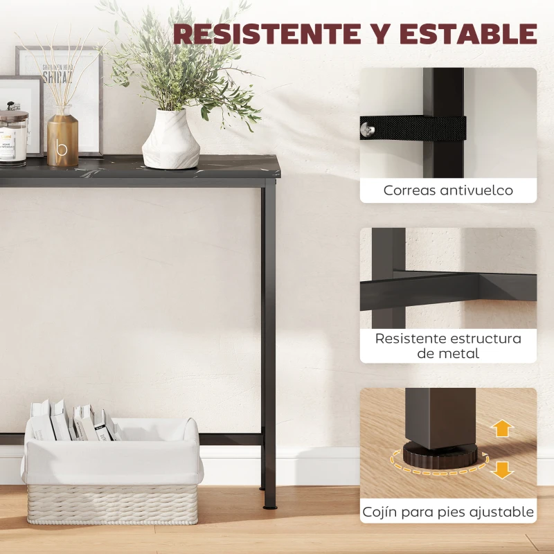 HOMCOM Consola Recibidor Estrecha con Superficie con Efecto Mármol y Marco de Metal 100x20x66 cm Negro