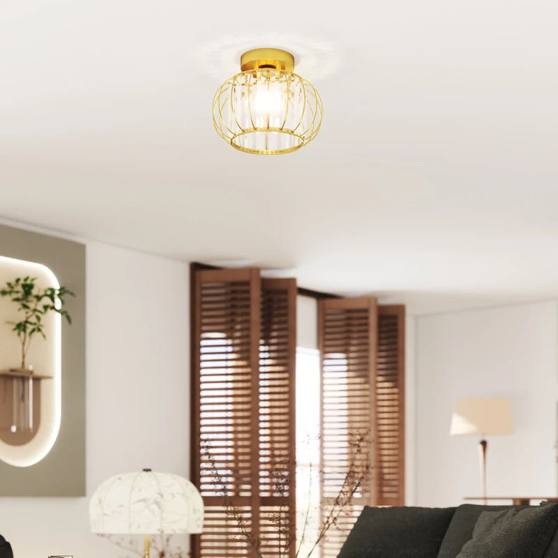 HOMCOM Plafoniera LED Moderna y Minimalista de Jaula con 18 Cristales, en Metal Dorado, Ø27x19 cm