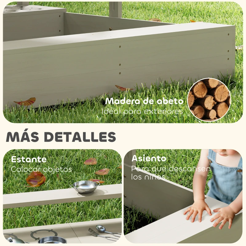 Outsunny Arenero de Madera para Niños con Techo Regulable con Juguetes de Cocina Juego para Niños de 3-7 Años 114x110x110 cm Gris