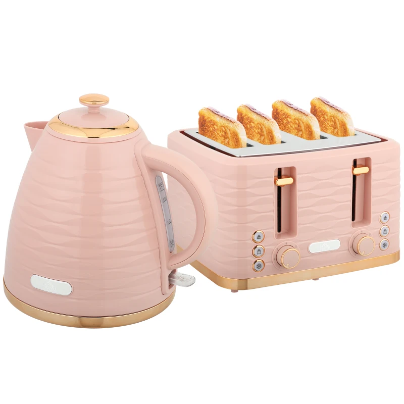 HOMCOM Ensemble Grille-Pain et Bouilloire 2-en-1, 7 Niveaux de Brunissement, Fonctions de Dégivrage et Réchauffage, Rose