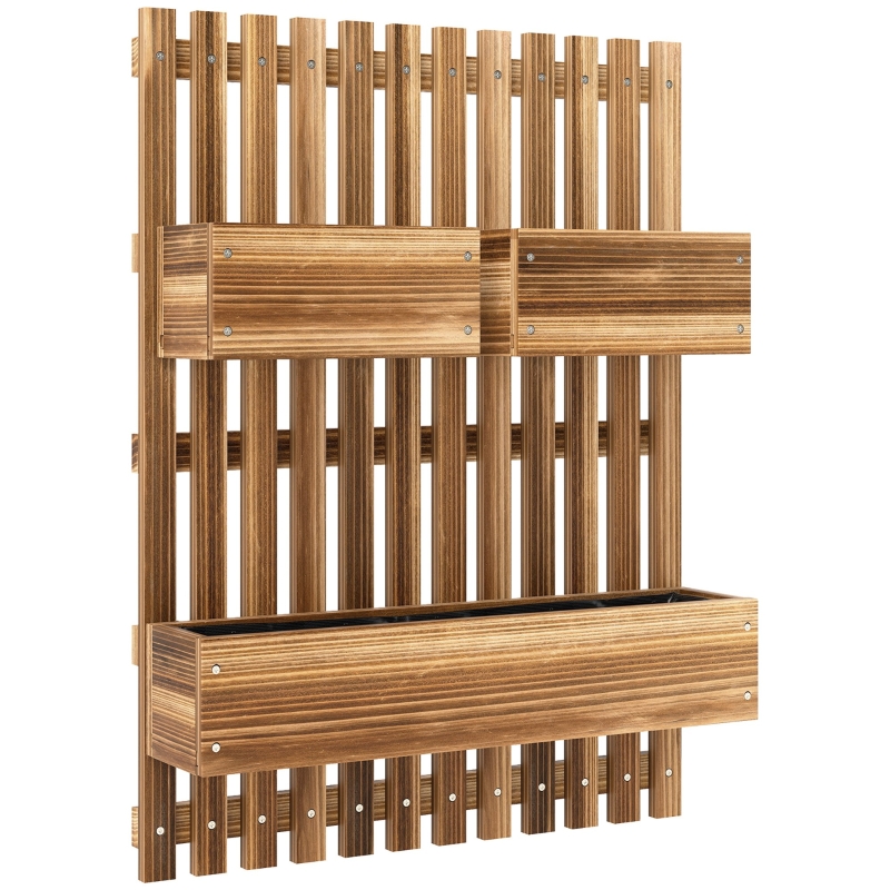 Outsunny Wall-mounted Wooden Garden Planters with Trellis, Drainage Holes and 3 Planter Boxes for Patio, Carbonised