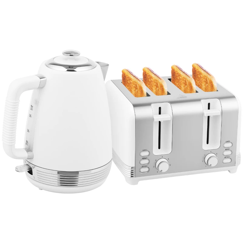 HOMCOM Wasserkocher und Toaster Set, Edelstahl Wasserkocher 1,7 L und 2200 W und 4-Scheiben Toaster, Weiß